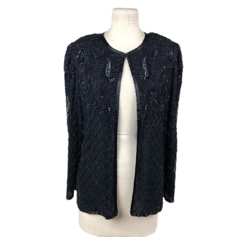 Papell Boutique Evening Black Silk Beaded Long Sleeve Jacket Coat Vintage Size L